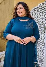 Plus Size Teal Blue Embellished Anarkali with Dupatta