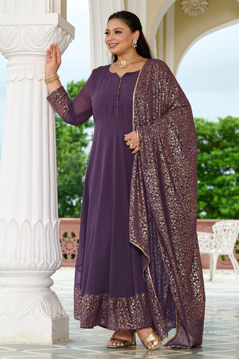 Plus Size Elegant Lavender Anarkali Ensemble with Gold Foil Accents