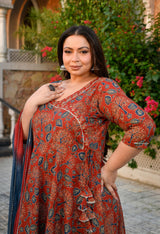 Aarohi Maroon & Blue Cotton Printed Angrakha Anarkali Kurta Set with Dupatta