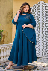 Plus Size Teal Blue Embellished Anarkali with Dupatta