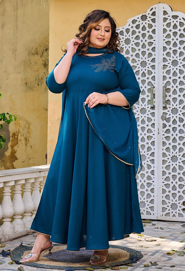 Plus Size Teal Blue Embellished Anarkali with Dupatta