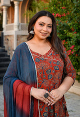 Aarohi Maroon & Blue Cotton Printed Angrakha Anarkali Kurta Set with Dupatta