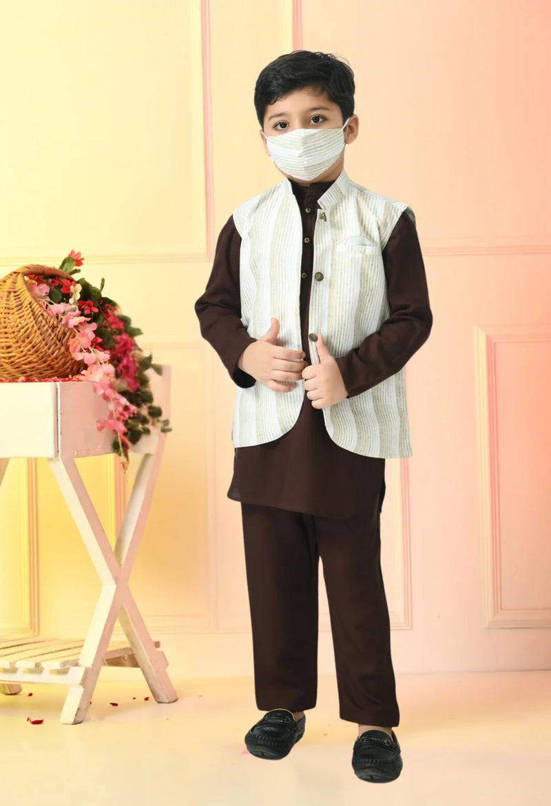 Boys Brown Kurta & Pyjamas with Nehru Jacket