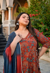 Aarohi Maroon & Blue Cotton Printed Angrakha Anarkali Kurta Set with Dupatta