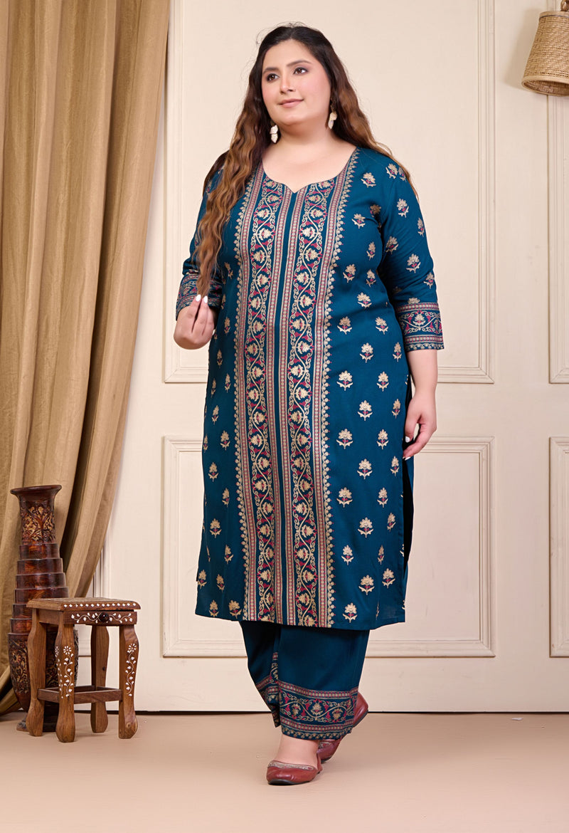 Plus Size Gold Printed Shervani Teal Kurta Palazzo Set