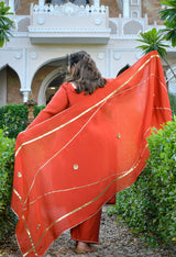 Zariya Rust Mul Chanderi Embroidered 3-Piece Kurta Set with Dupatta