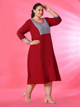 Plus Size Maroon Mirror Embroidered A line Dress