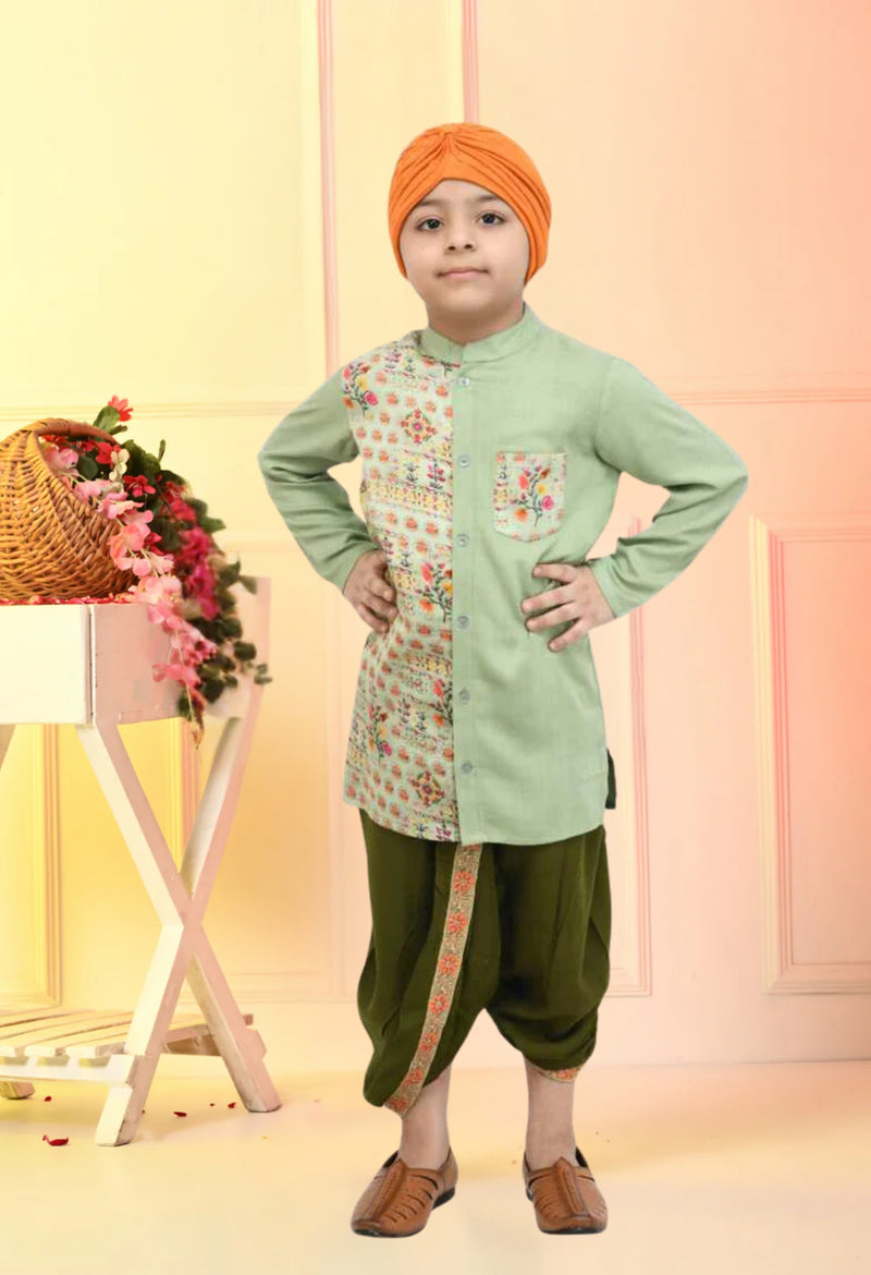 Boys Pista Green Rayon Kurta Dhoti Set