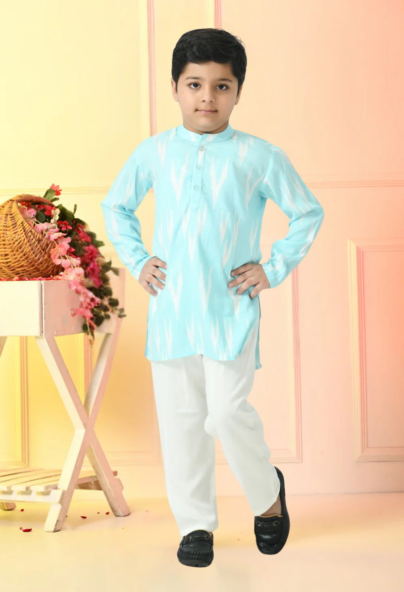 Boys Sky Blue Ikkat Rayon Kurta Set