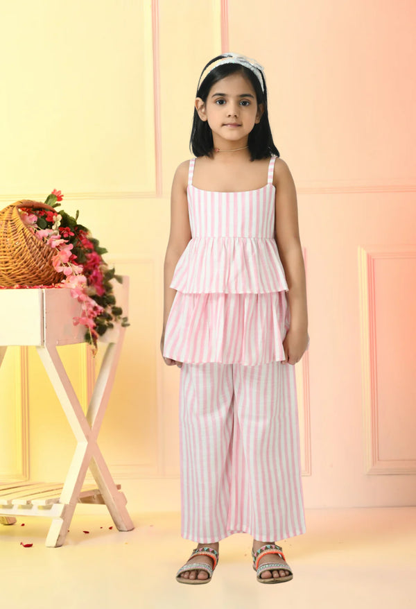 Girls Pink & White Sleeveless Striped Peplum and Frilled Co-ord Set