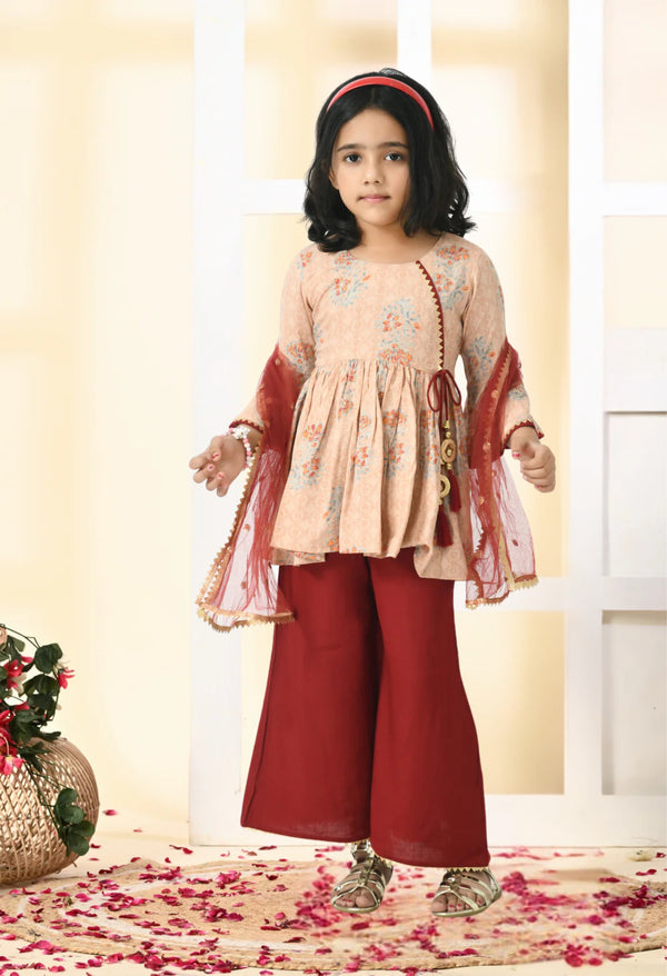 Girls Peach-Coloured Floral Printed Kurti with Palazzos & With Dupatta