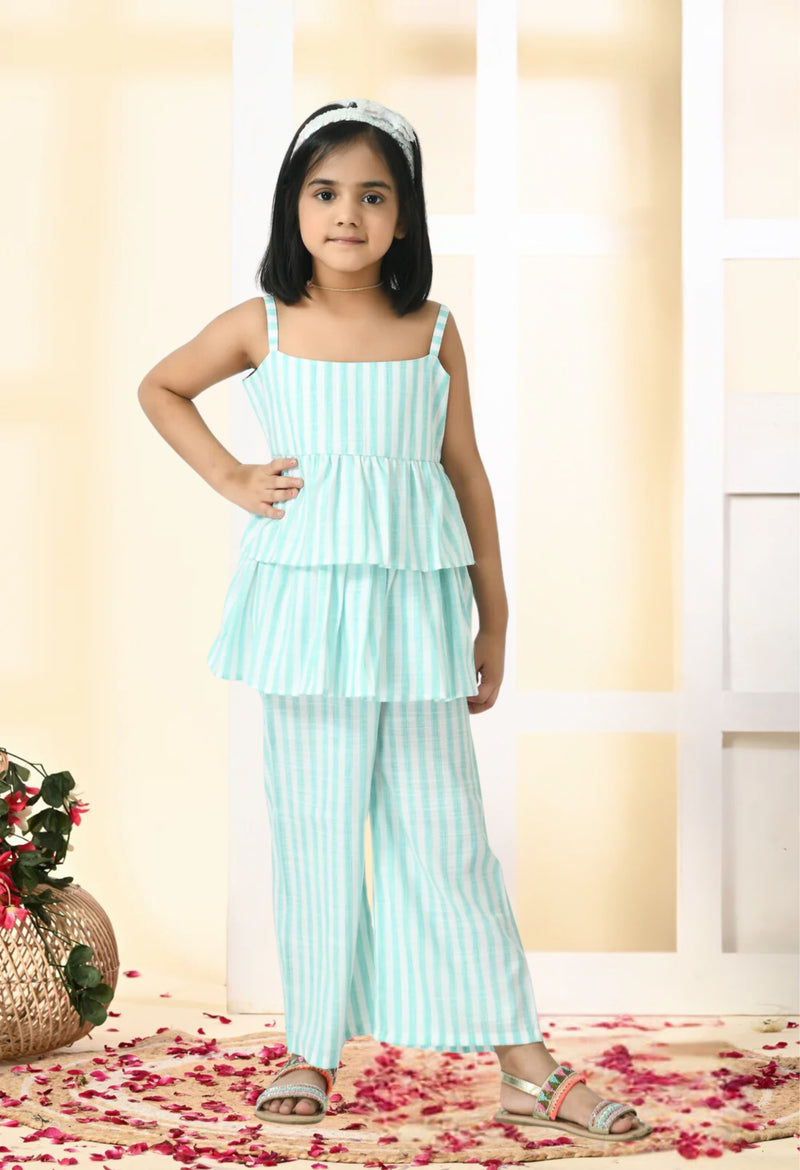 Girls Turquoise Blue & White Sleeveless Striped Peplum and Frilled Co-ord Set