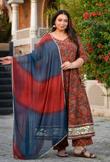 Aarohi Maroon & Blue Cotton Printed Angrakha Anarkali Kurta Set with Dupatta