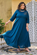 Plus Size Teal Blue Embellished Anarkali with Dupatta