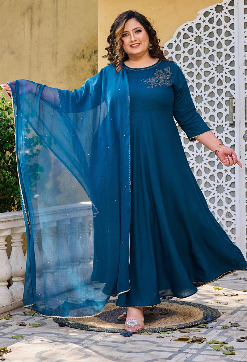 Plus Size Teal Blue Embellished Anarkali with Dupatta