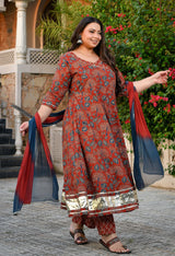 Aarohi Maroon & Blue Cotton Printed Angrakha Anarkali Kurta Set with Dupatta