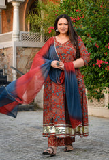 Aarohi Maroon & Blue Cotton Printed Angrakha Anarkali Kurta Set with Dupatta