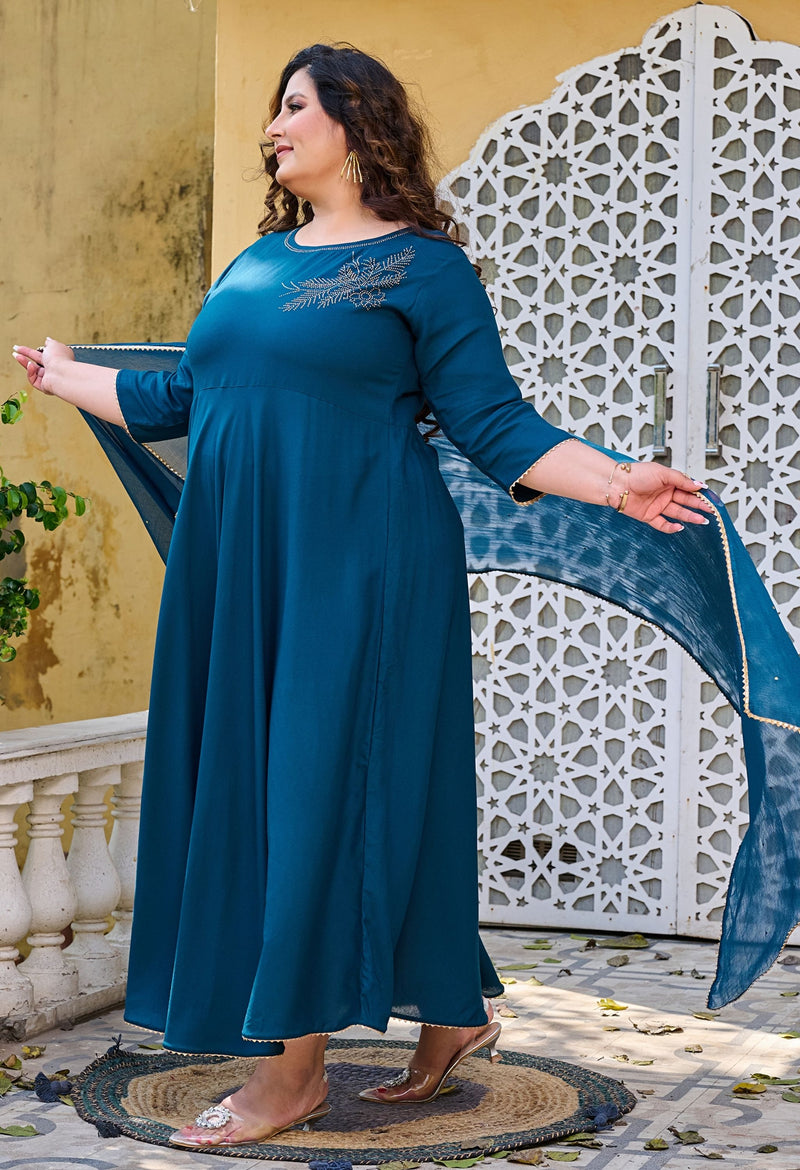 Plus Size Teal Blue Embellished Anarkali with Dupatta