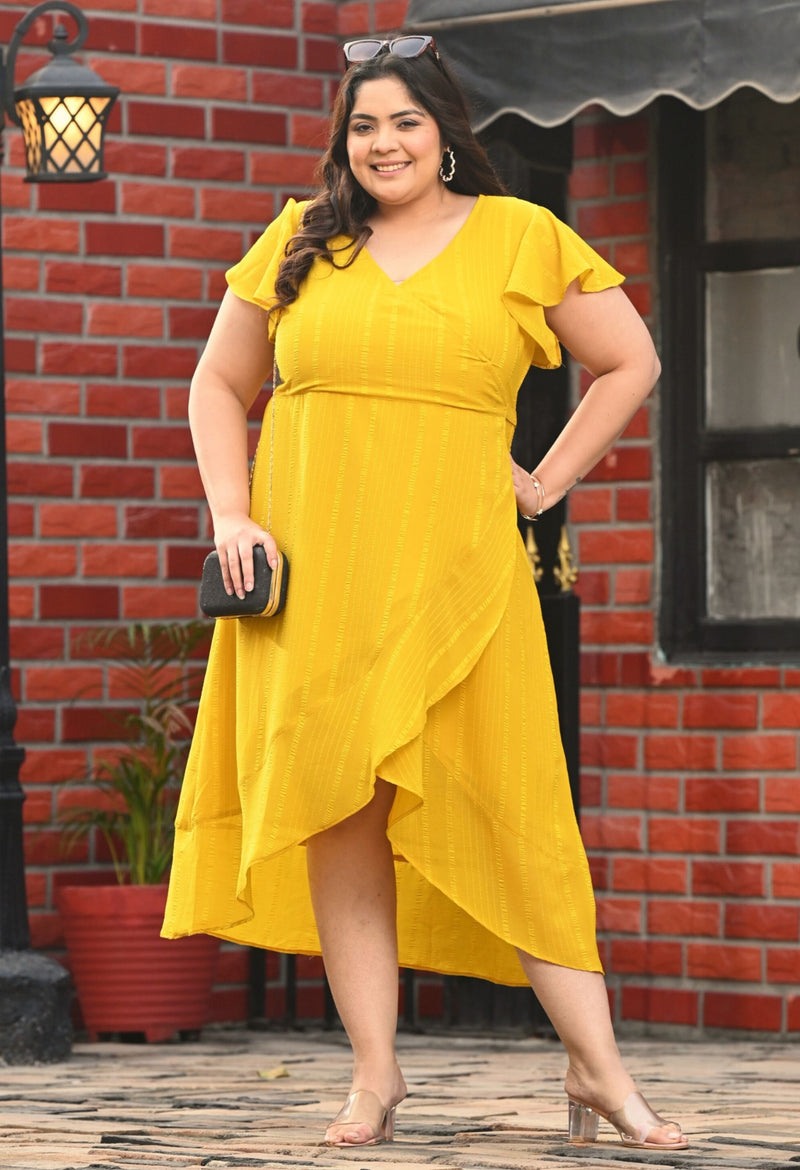 Plus Size Bright Yellow Georgette Wrap Dress