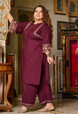 Plus Size Wine Aari Work Liva Rayon Co-ord Set