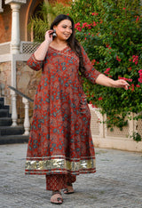 Aarohi Maroon & Blue Cotton Printed Angrakha Anarkali Kurta Set with Dupatta