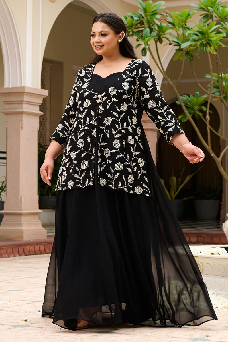 Plus Size Regal Charm Black & Ivory Embroidered Cape Anarkali