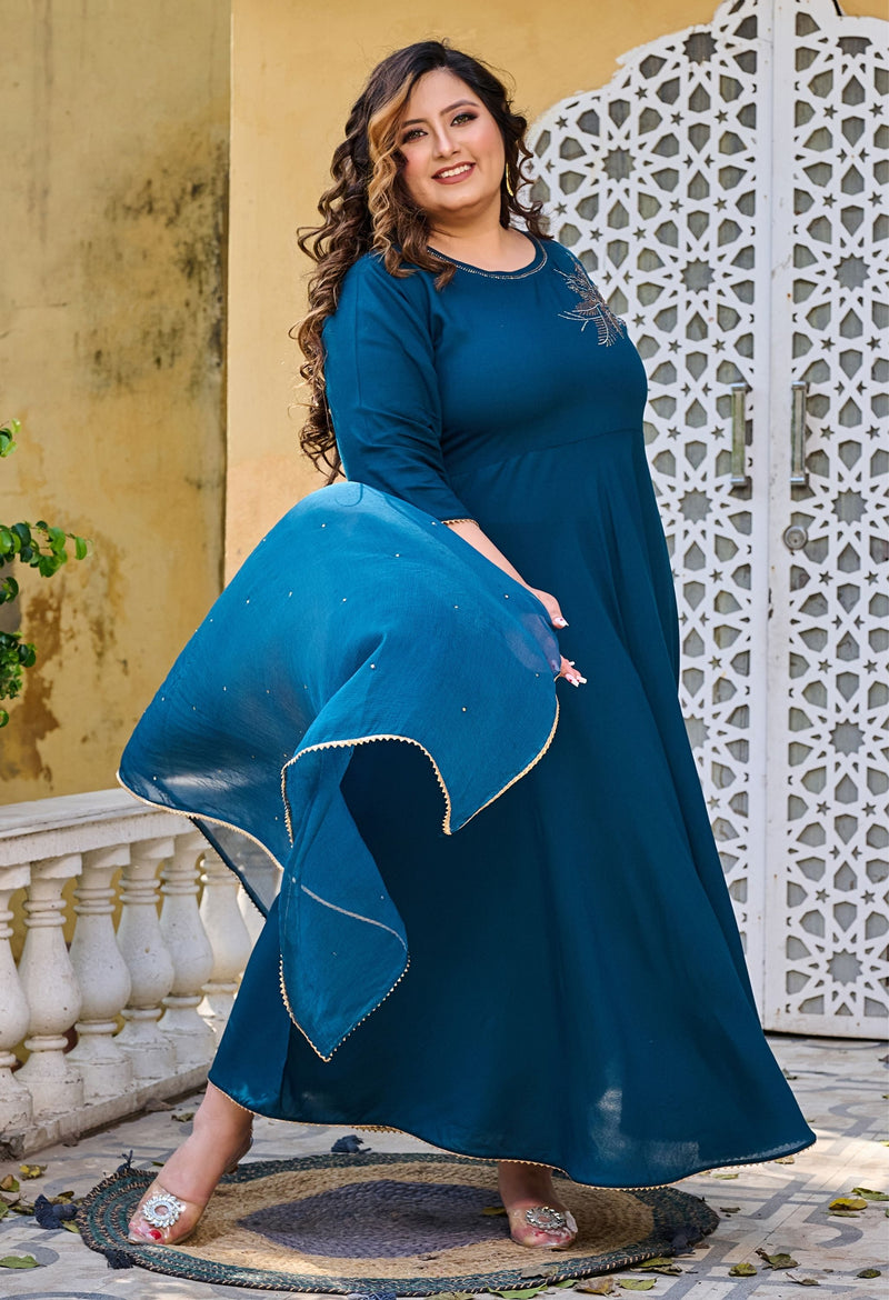 Plus Size Teal Blue Embellished Anarkali with Dupatta