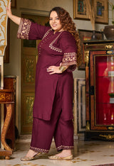 Wine Aari Work Liva Rayon Co-ord Set