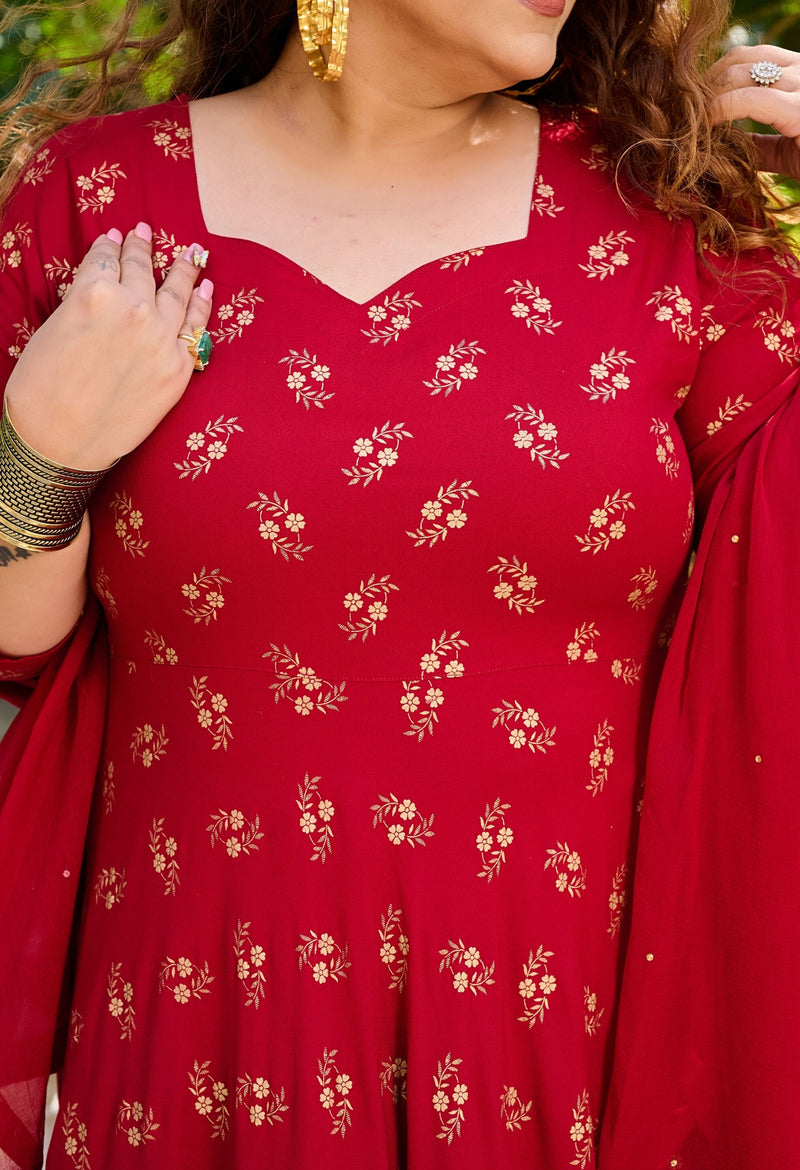 Plus Size Maroon Gold Printed Anarkali with Dupatta