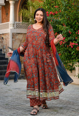 Aarohi Maroon & Blue Cotton Printed Angrakha Anarkali Kurta Set with Dupatta