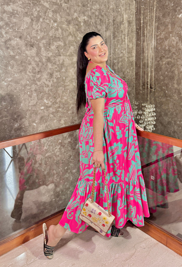 Plus Size Hot Pink Flowy Ruched Midi Dress