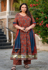 Aarohi Maroon & Blue Cotton Printed Angrakha Anarkali Kurta Set with Dupatta