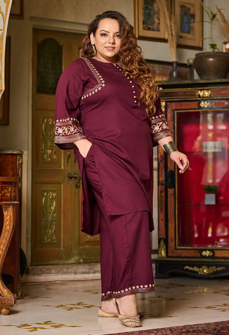 Plus Size Wine Aari Work Liva Rayon Co-ord Set