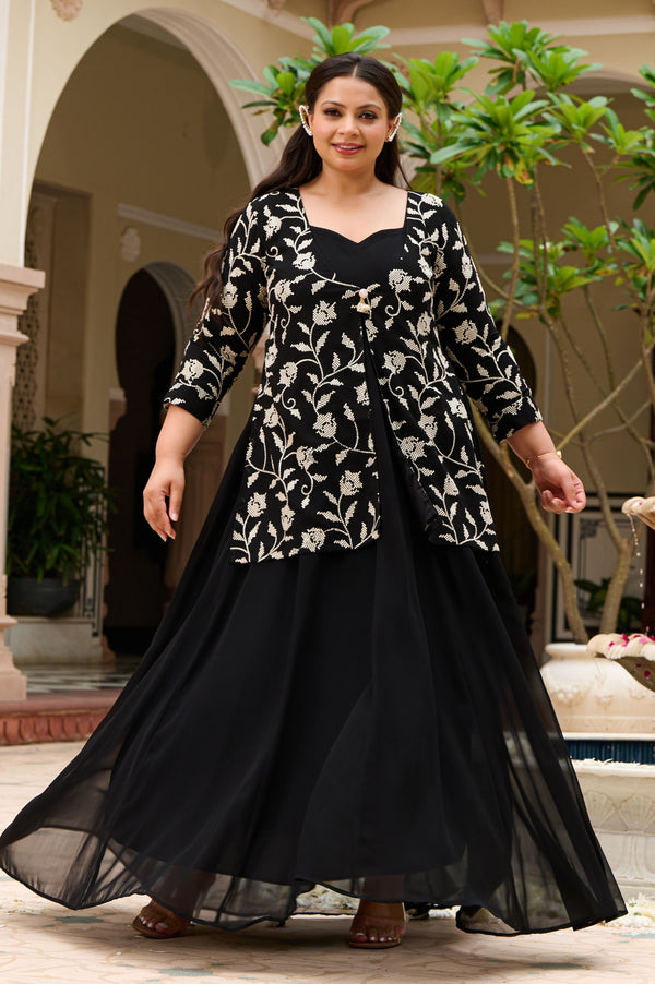 Plus Size Regal Charm Black & Ivory Embroidered Cape Anarkali