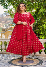 Plus Size Maroon Gold Printed Anarkali with Dupatta