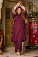 Plus Size Wine Aari Work Liva Rayon Co-ord Set