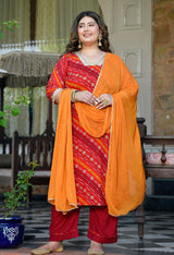 Meher Red Rayon Printed 3-Piece Kurta Set with Dupatta