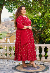 Plus Size Maroon Gold Printed Anarkali with Dupatta