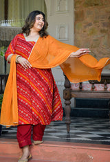 Meher Red Rayon Printed 3-Piece Kurta Set with Dupatta
