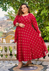 Plus Size Maroon Gold Printed Anarkali with Dupatta