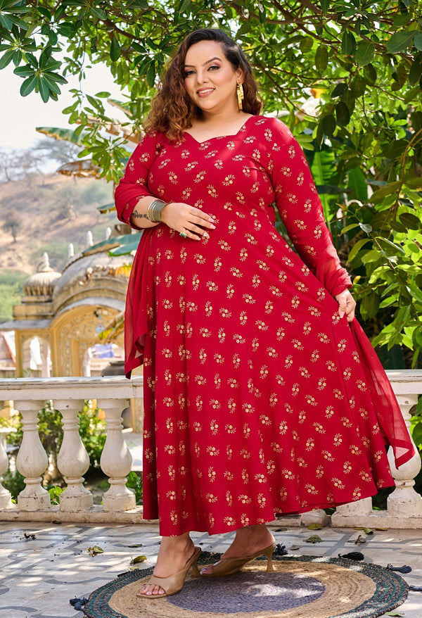 Plus Size Maroon Gold Printed Anarkali with Dupatta