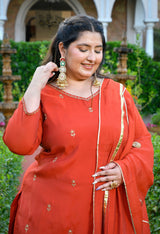 Zariya Rust Mul Chanderi Embroidered 3-Piece Kurta Set with Dupatta