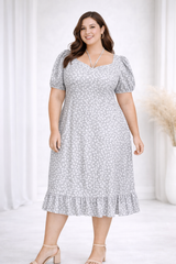Plus Size Grey Floral Midi Dress with Sweetheart Neck & Ruffle Hem