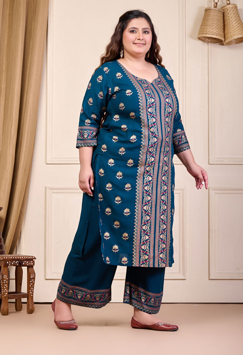 Plus Size Gold Printed Shervani Teal Kurta Palazzo Set