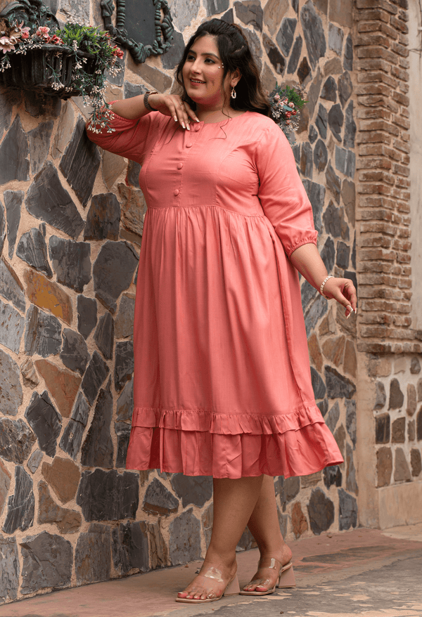 Peach Solid Midi Dress