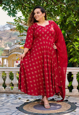 Plus Size Maroon Gold Printed Anarkali with Dupatta