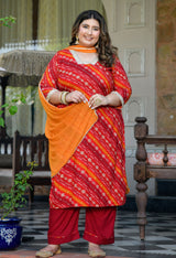 Meher Red Rayon Printed 3-Piece Kurta Set with Dupatta