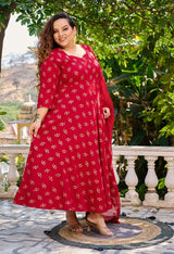 Plus Size Maroon Gold Printed Anarkali with Dupatta