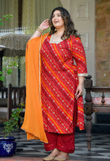 Meher Red Rayon Printed 3-Piece Kurta Set with Dupatta