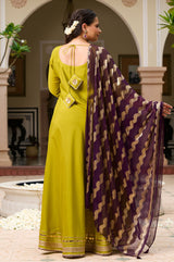 Plus Size Mehfil Magic Parrot Anarkali with Contrast Plum Dupatta
